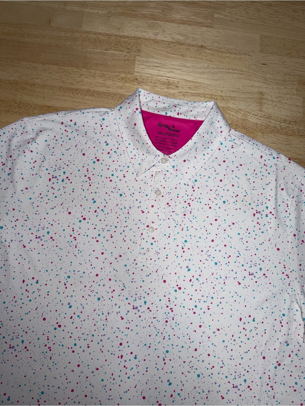 Birdie Bound Performance Golf Polo Paint Splatter Mens 2XL Stretch White Pink